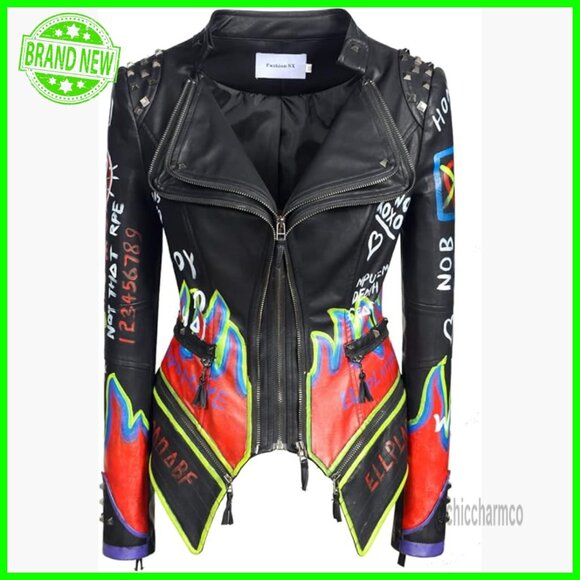 Women's Faux Leather Moto Jacket with Studs Graffiti Design Perfect Fit
